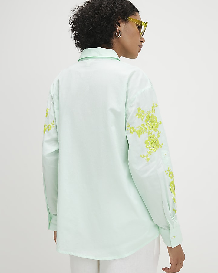 Green Cotton Floral Applique Shirt