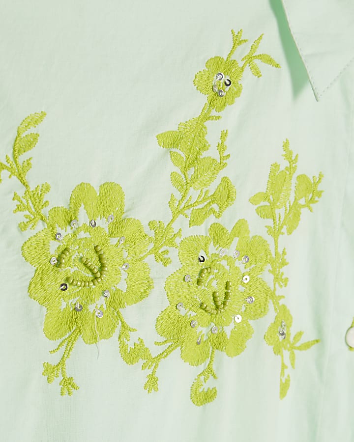 Green Cotton Floral Applique Shirt
