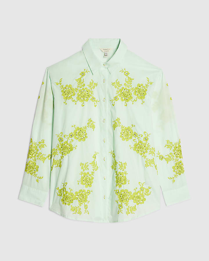 Green Cotton Floral Applique Shirt