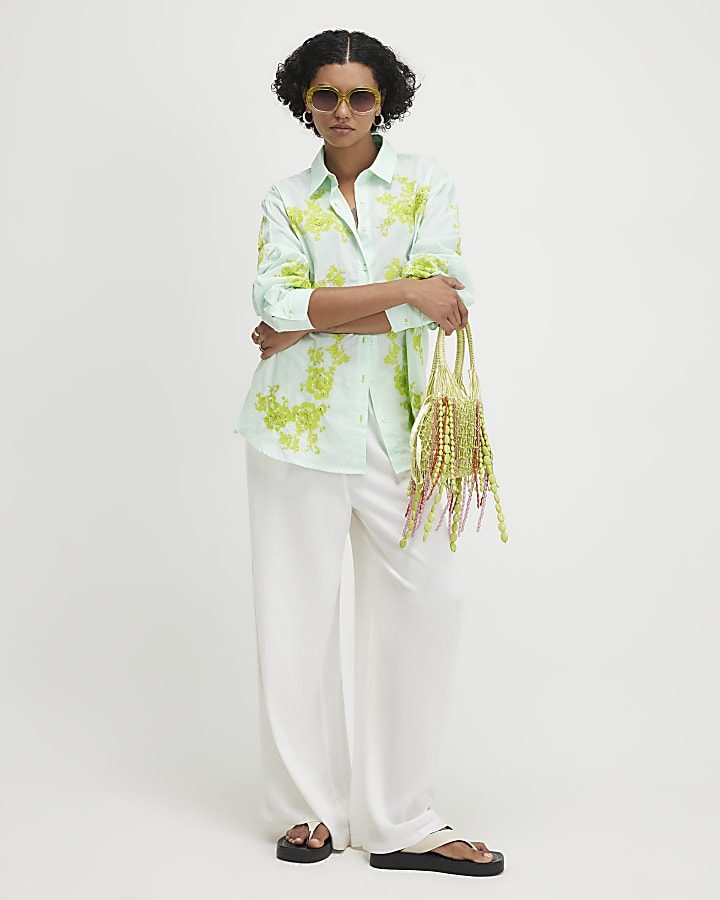 Green Cotton Floral Applique Shirt