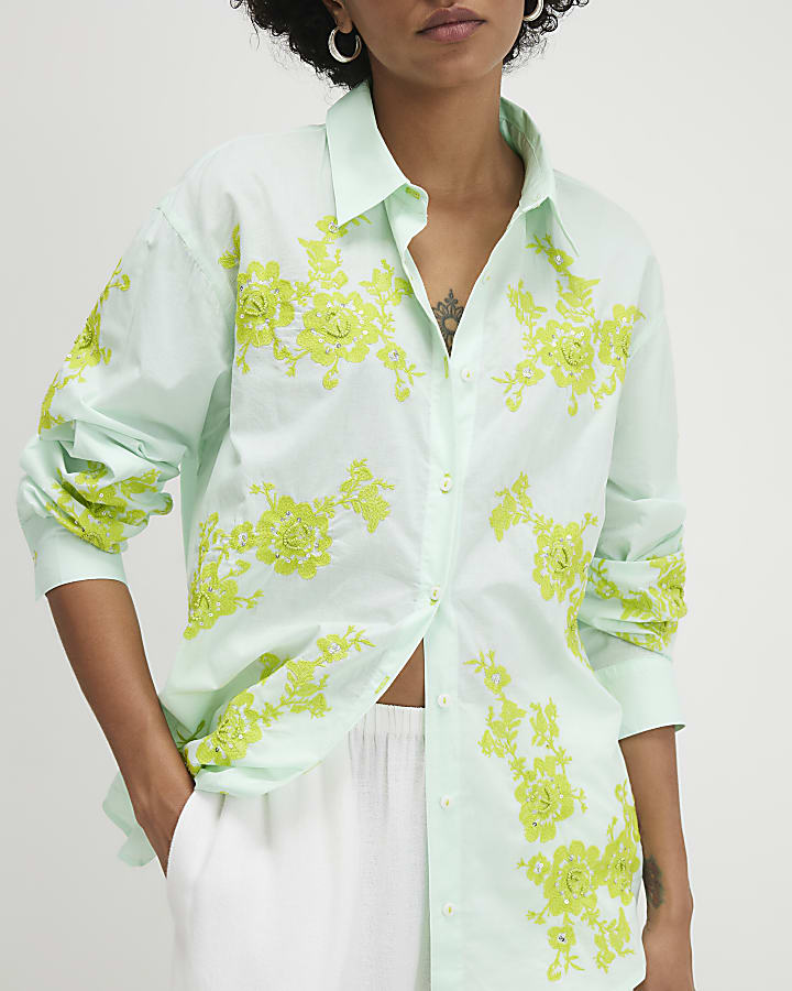 Green Cotton Floral Applique Shirt