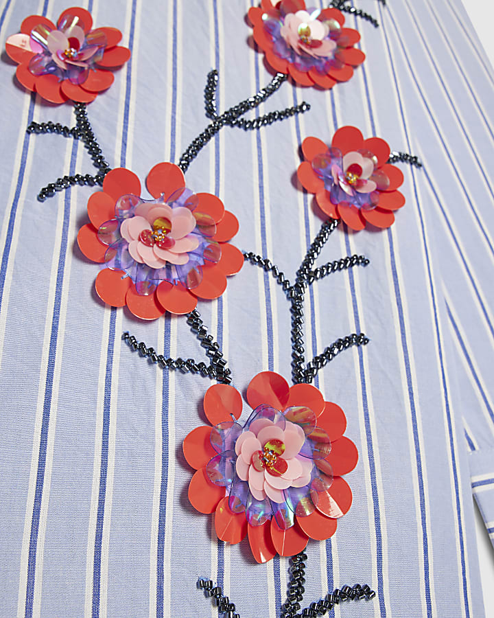 Blue Cotton Floral Embellished Boutique Shirt