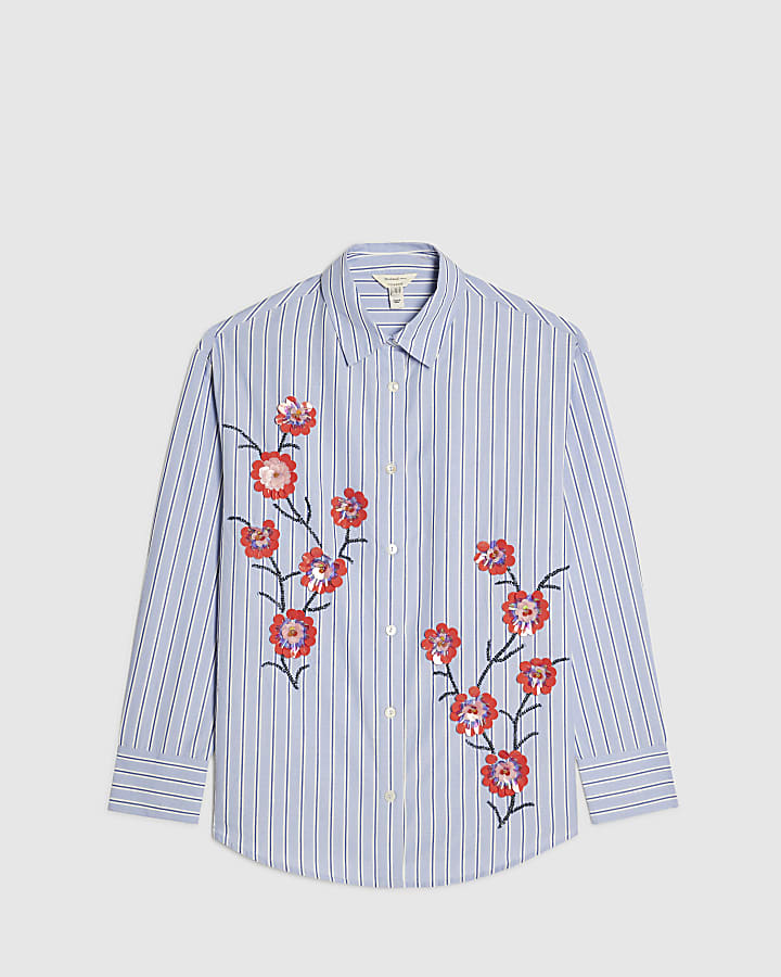 Blue Cotton Floral Embellished Boutique Shirt