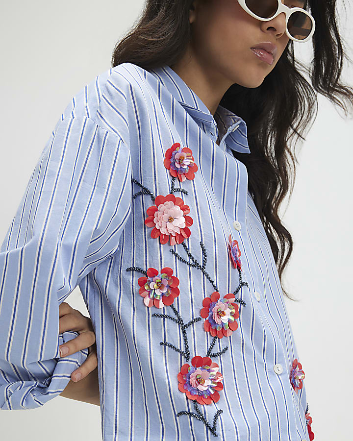 Blue Cotton Floral Embellished Boutique Shirt