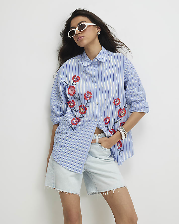 Blue Cotton Floral Embellished Boutique Shirt
