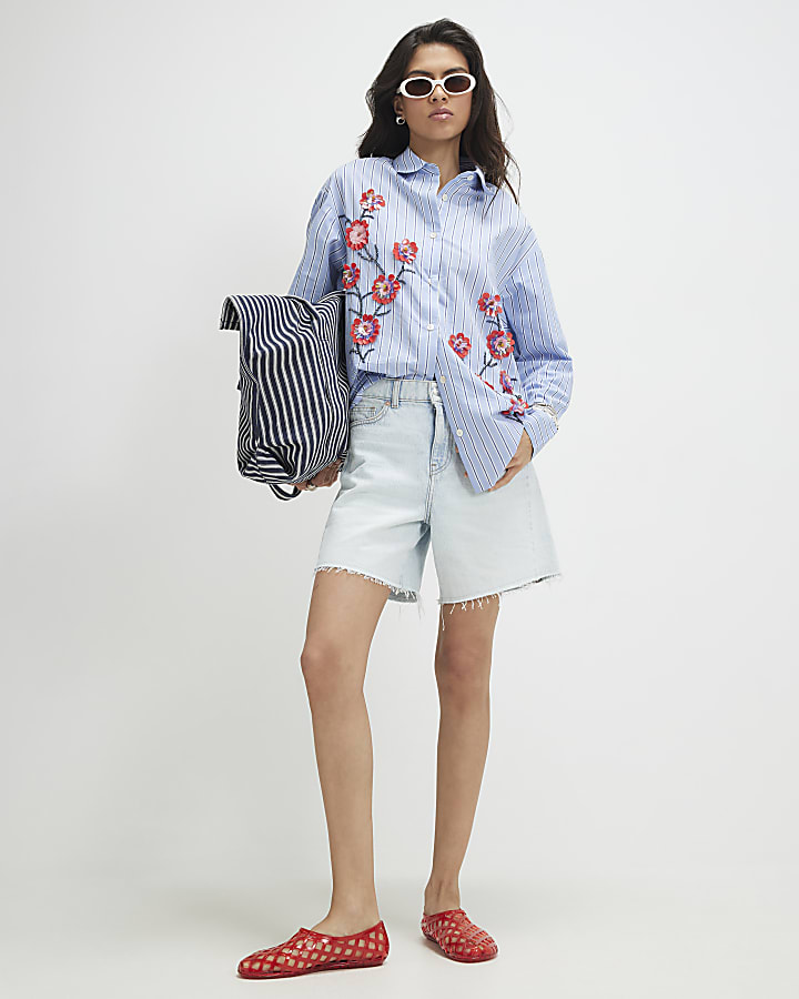 Blue Cotton Floral Embellished Boutique Shirt