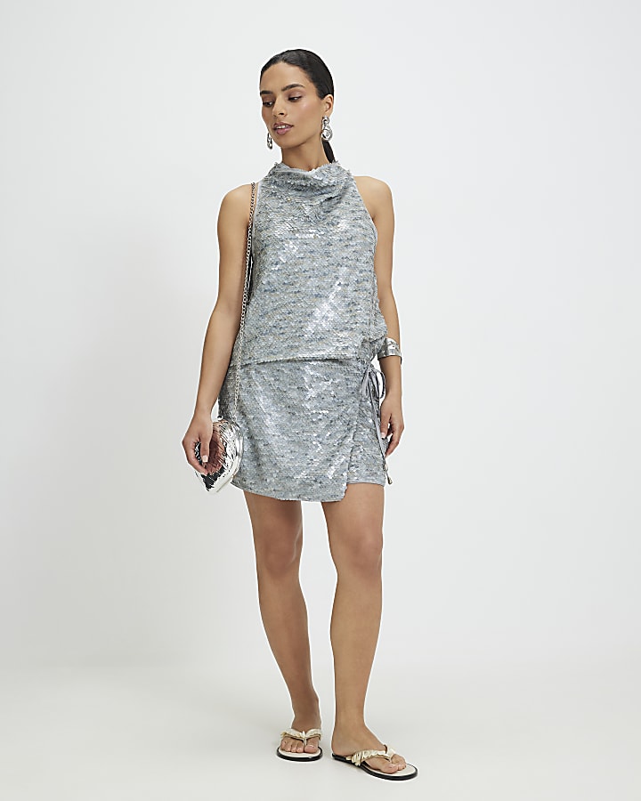Petite Grey Sequin Cowl Halter Neck Top