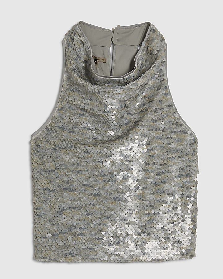 Petite Grey Sequin Cowl Halter Neck Top