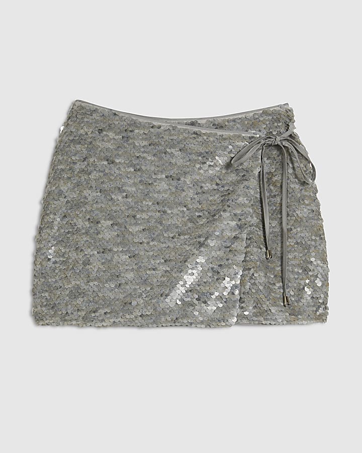 Petite Grey Sequin Wrap Mini Skirt