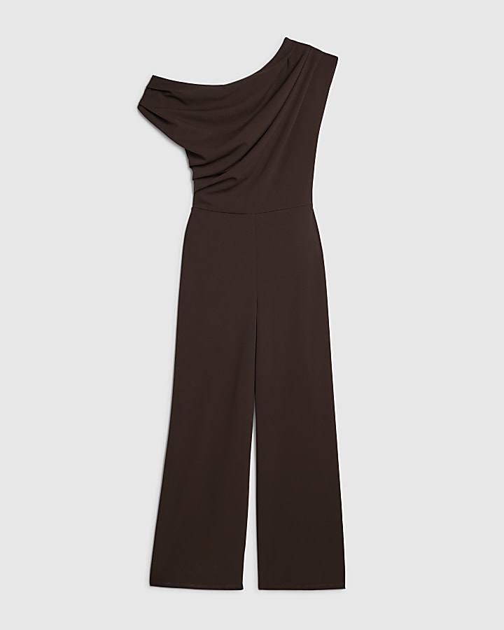 Brown Short Sleeve Asymmetric Drape Jumpsuit