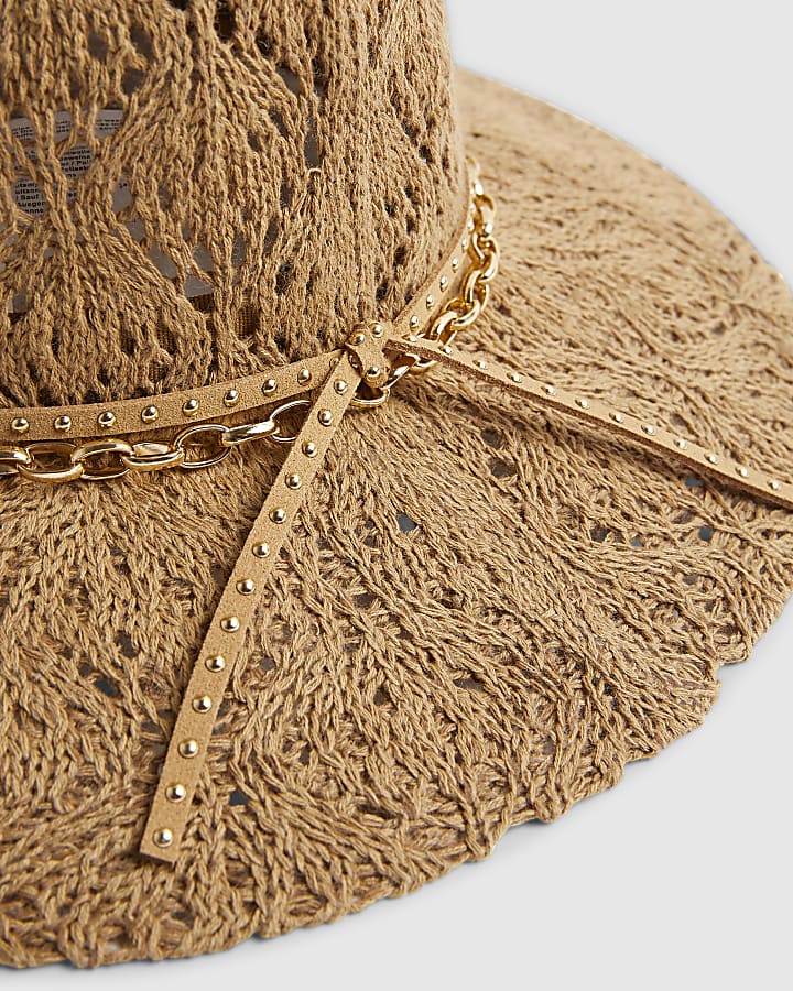 Beige Cut Out Studded Fedora Hat