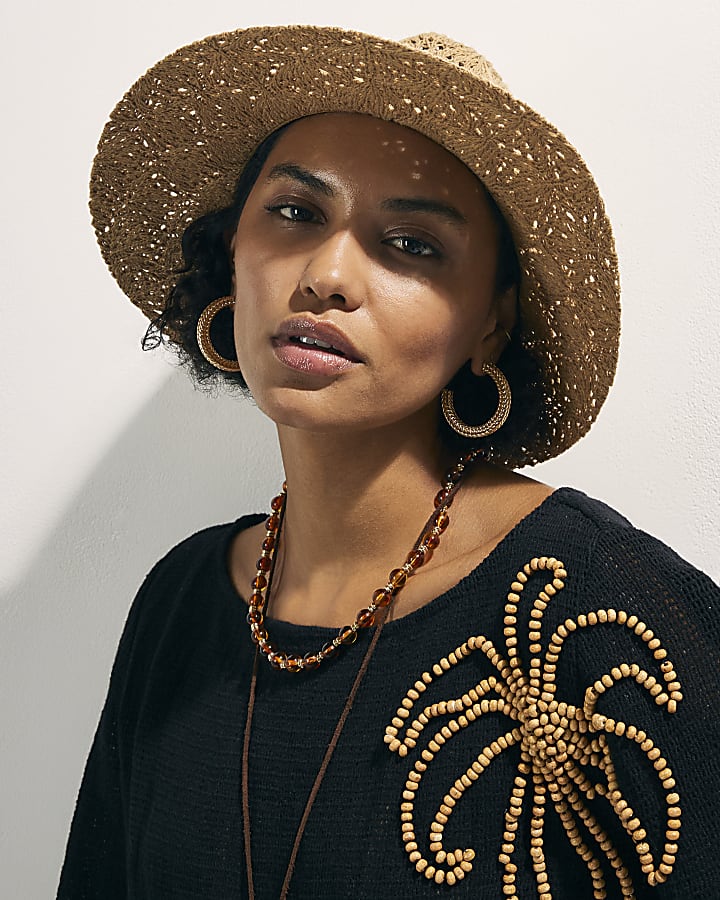 Beige Cut Out Studded Fedora Hat