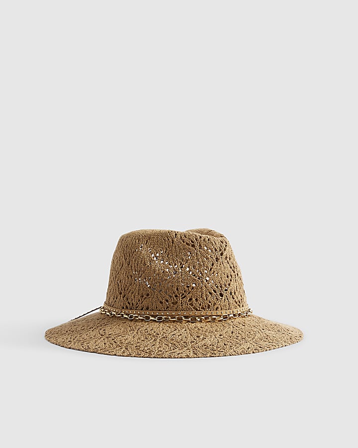 Beige Cut Out Studded Fedora Hat