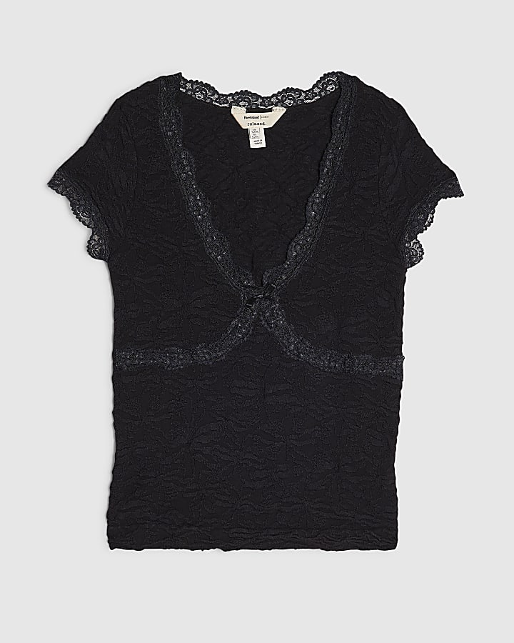 Black Cap Sleeve Cross Lace Top