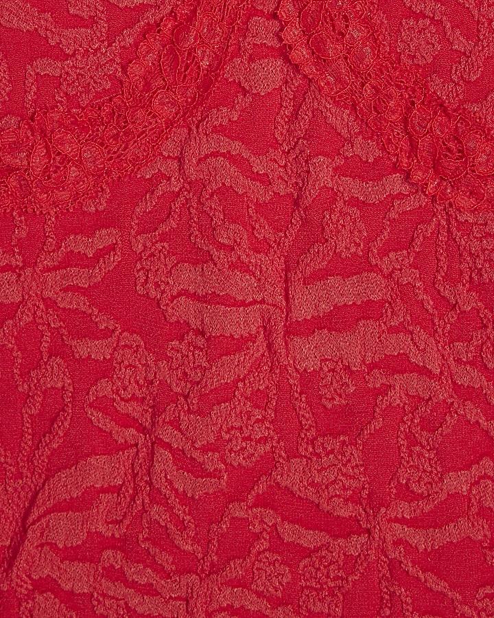 Red Cap Sleeve Textured Lace Trim Top