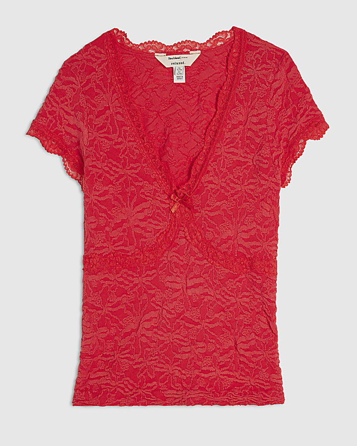Red Cap Sleeve Textured Lace Trim Top