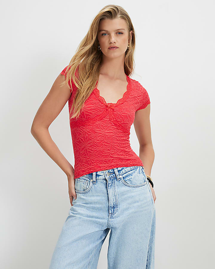 Red Cap Sleeve Textured Lace Trim Top