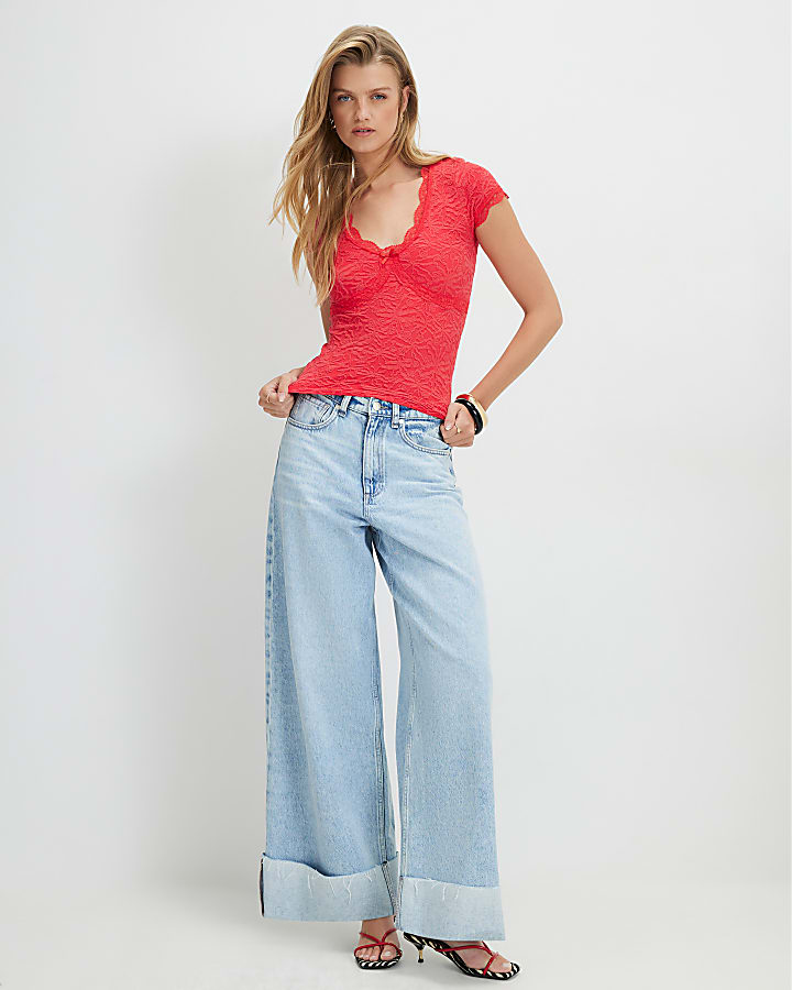 Red Cap Sleeve Textured Lace Trim Top