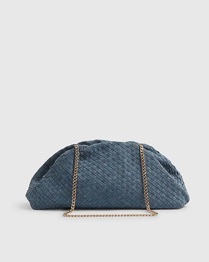 Blue Suede Ruched Woven Clutch Bag