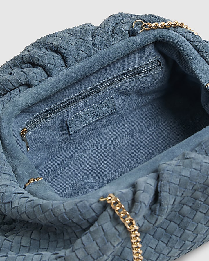Blue Suede Ruched Woven Clutch Bag