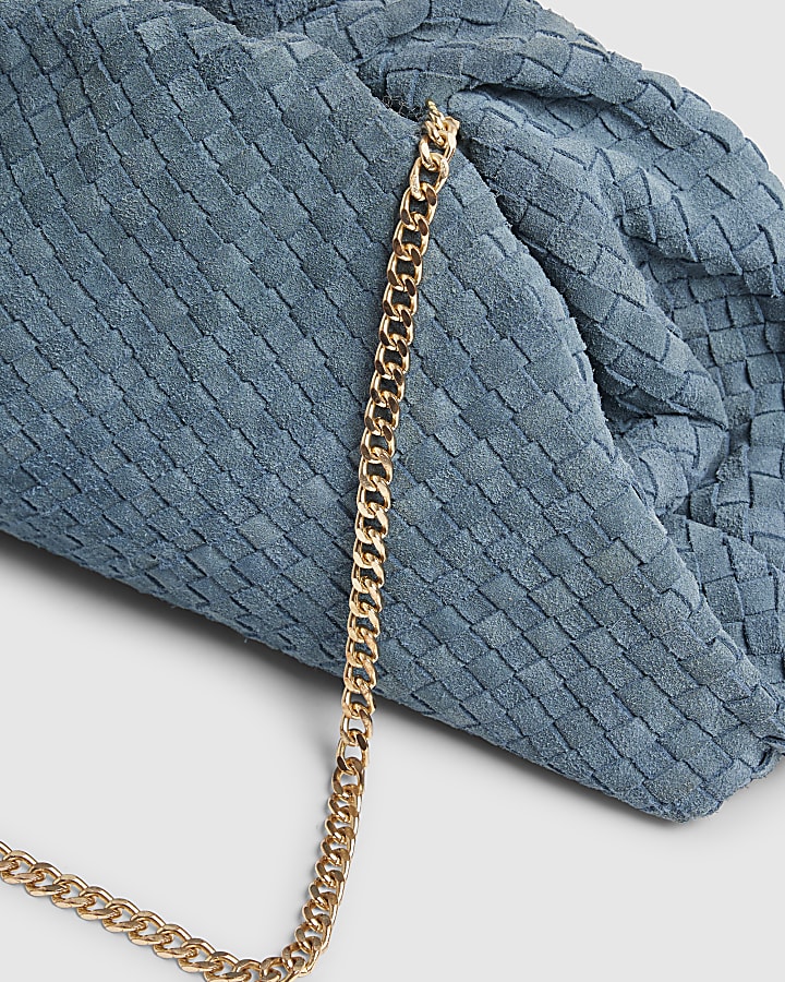 Blue Suede Ruched Woven Clutch Bag