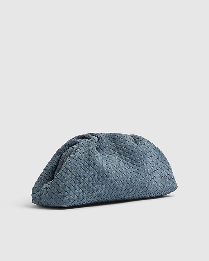 Blue Suede Ruched Woven Clutch Bag