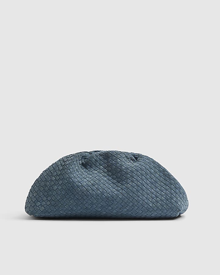 Blue Suede Ruched Woven Clutch Bag