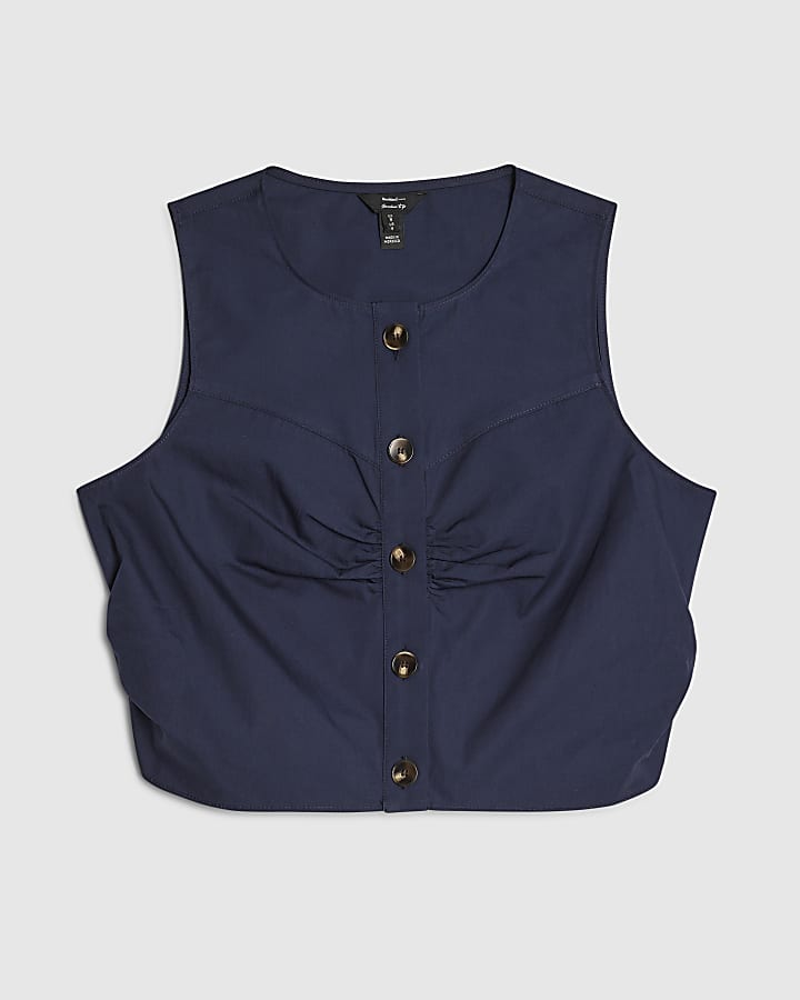 Navy Petite Ruched Poplin Waistcoat