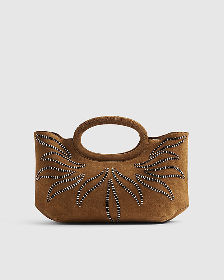 Brown Suede Embroidered Clutch Bag