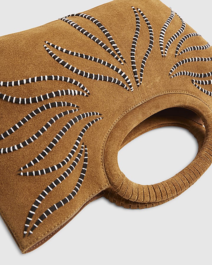 Brown Suede Embroidered Clutch Bag