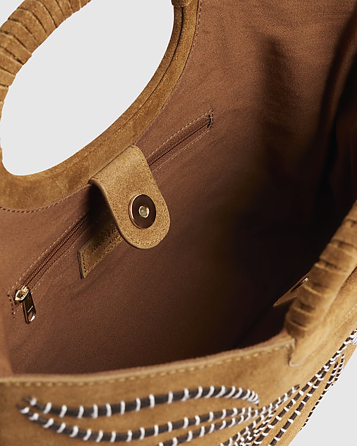 Brown Suede Embroidered Clutch Bag