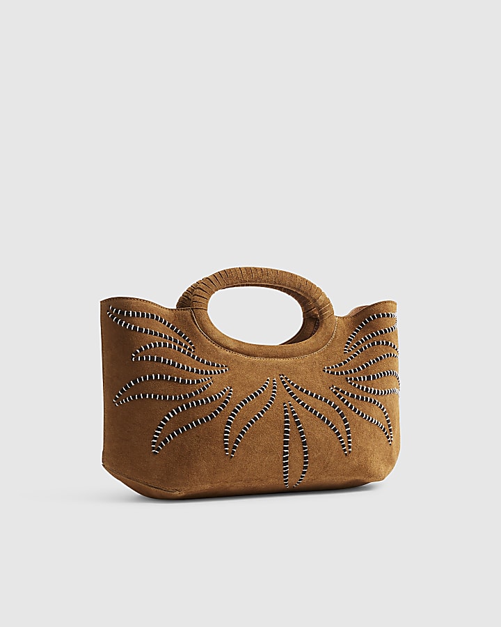 Brown Suede Embroidered Clutch Bag