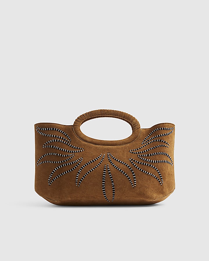 Brown Suede Embroidered Clutch Bag