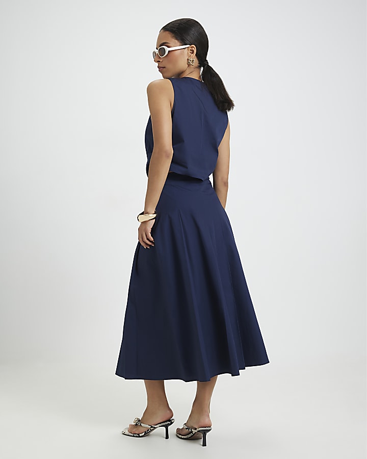 Petite Navy Cotton Midi Skirt
