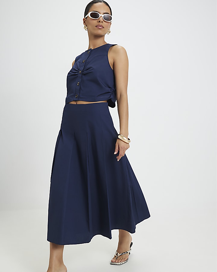 Petite Navy Cotton Midi Skirt