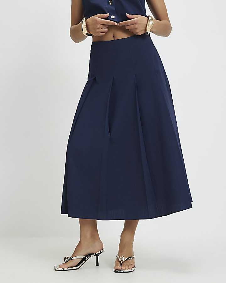 Petite Navy Cotton Midi Skirt