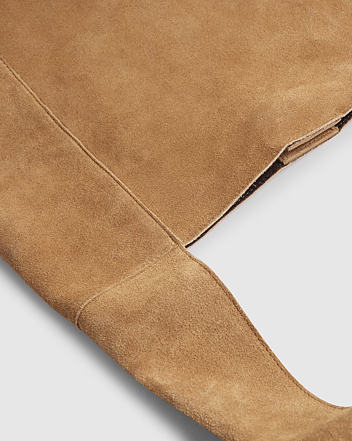 Beige Panelled Suede Slouch Shoulder Bag