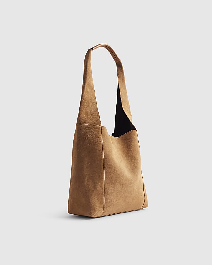 Beige Panelled Suede Slouch Shoulder Bag