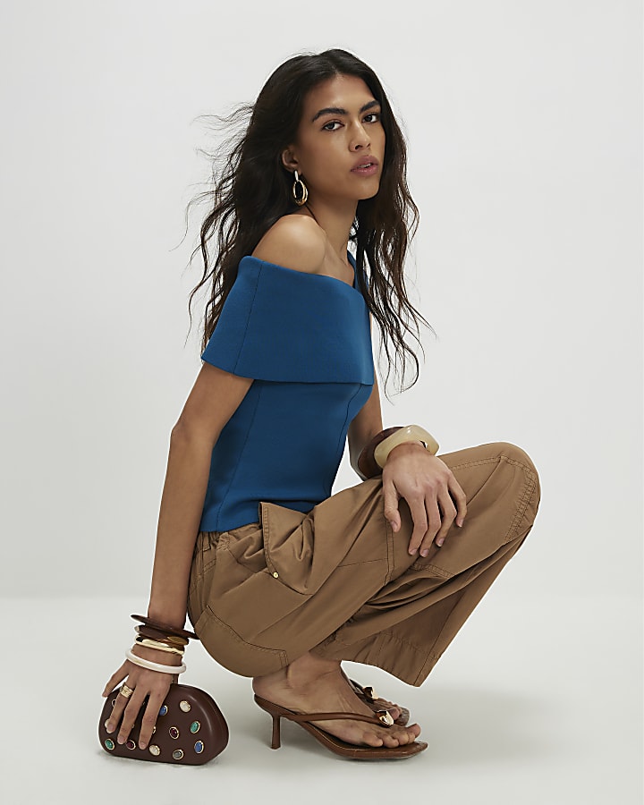 Blue One Shoulder Bardot Top