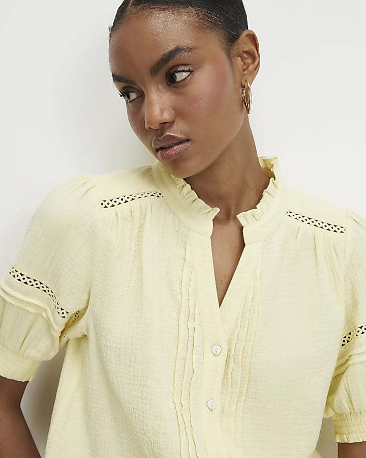 Yellow Frill Collar Pintuck Blouse