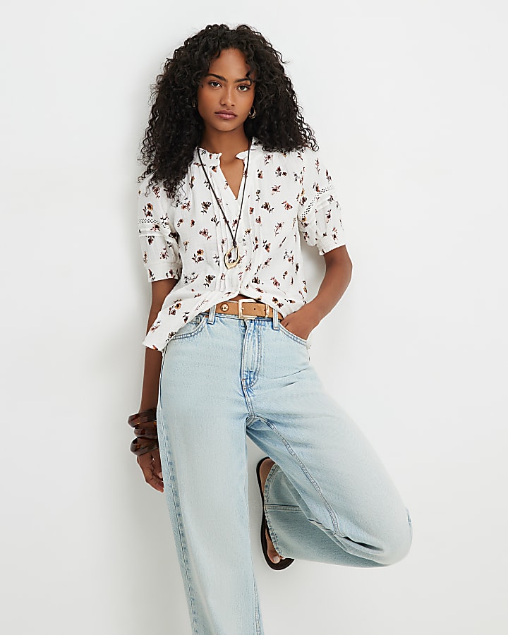 Cream Floral Textured Pintuck Blouse
