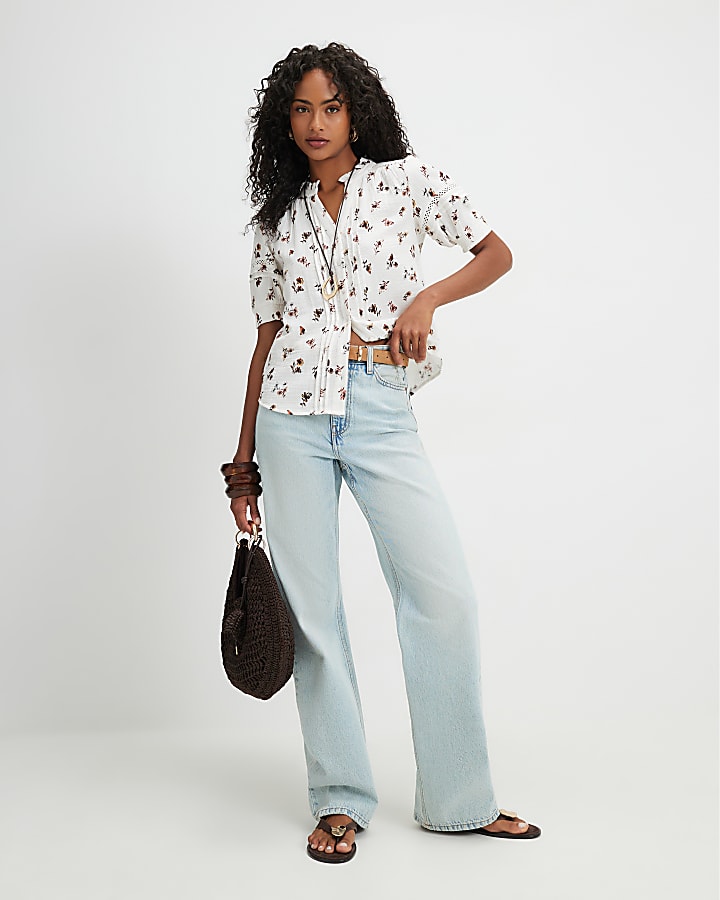 Cream Floral Textured Pintuck Blouse