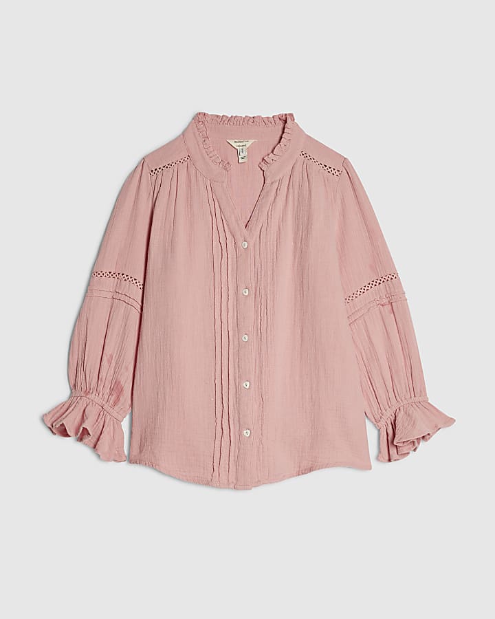 Pink Cotton Pintuck Frill Sleeve Blouse