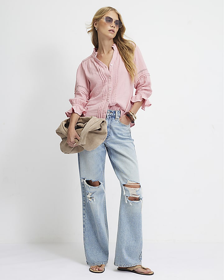 Pink Cotton Pintuck Frill Sleeve Blouse
