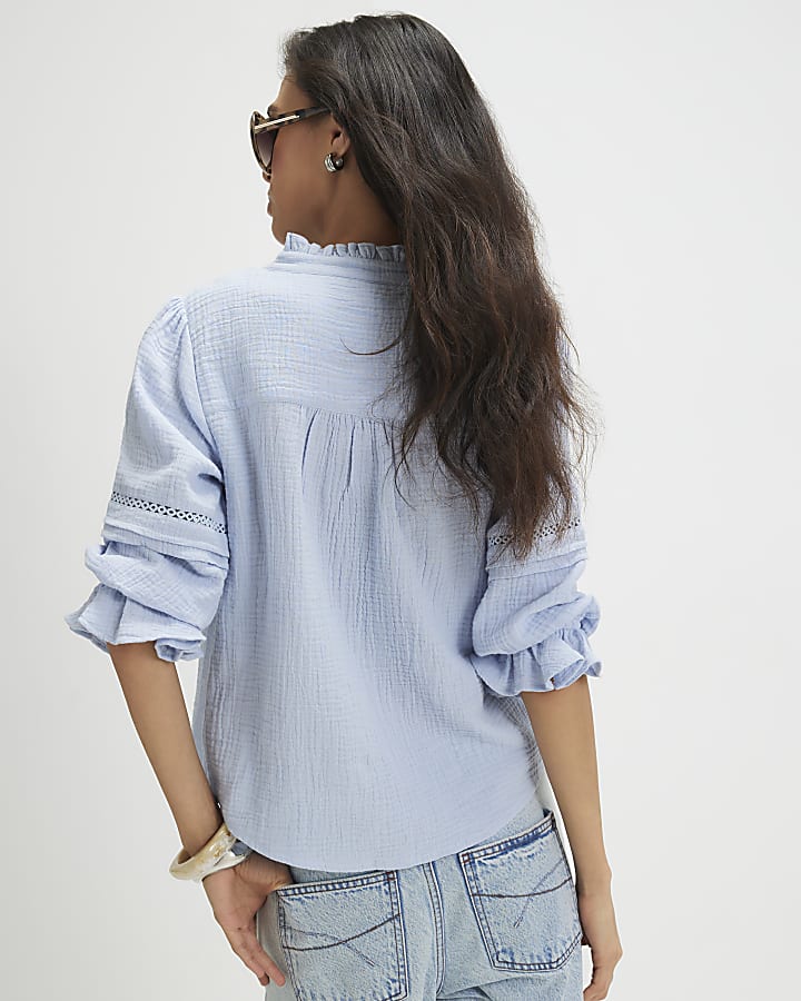 Blue Cotton Frill Sleeve Pintuck Blouse