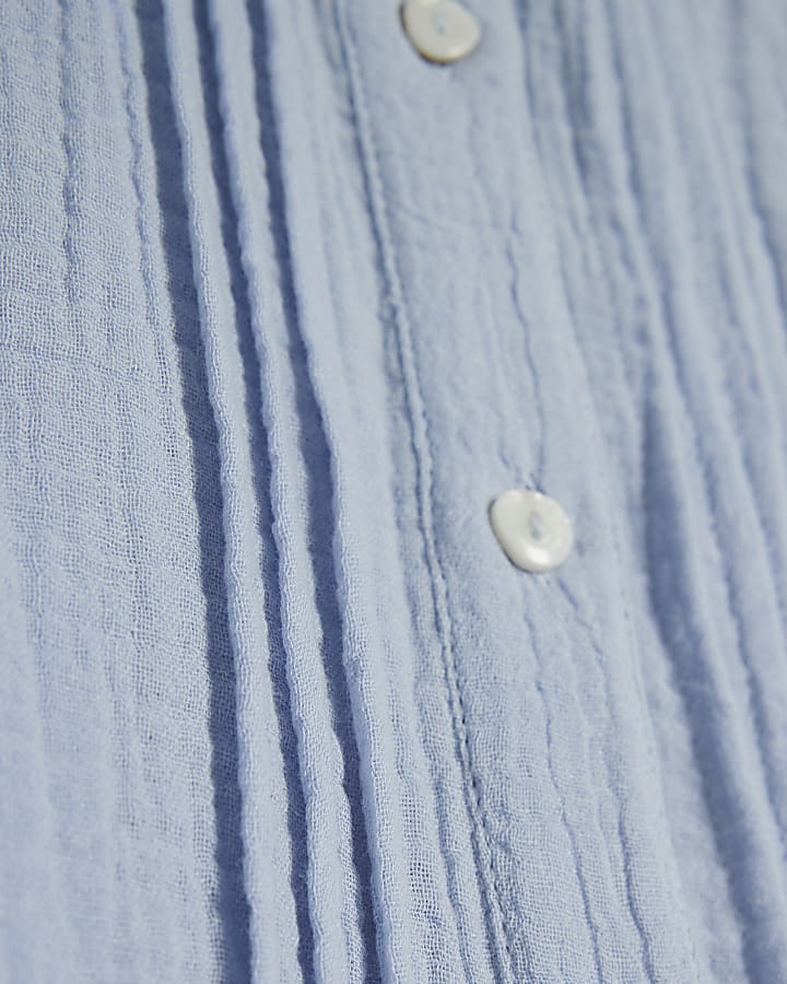 Blue Cotton Frill Sleeve Pintuck Blouse
