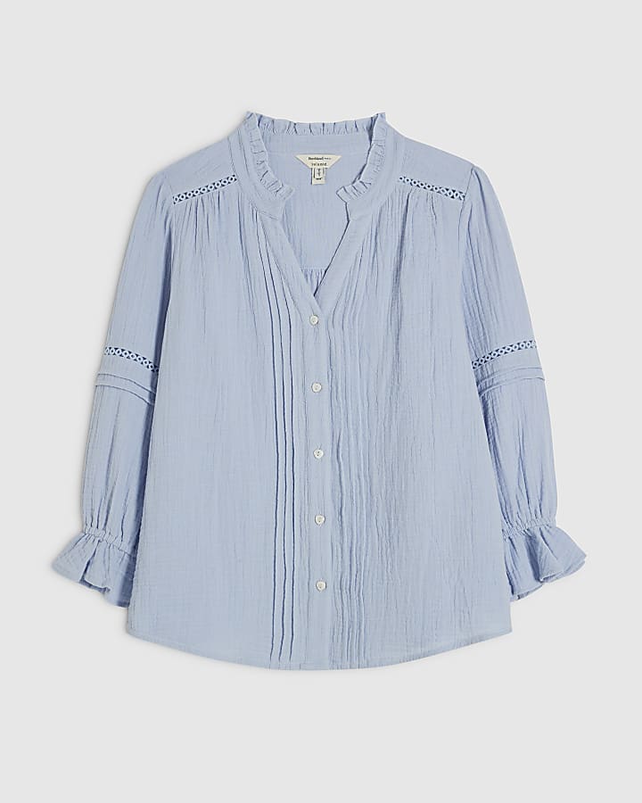 Blue Cotton Frill Sleeve Pintuck Blouse
