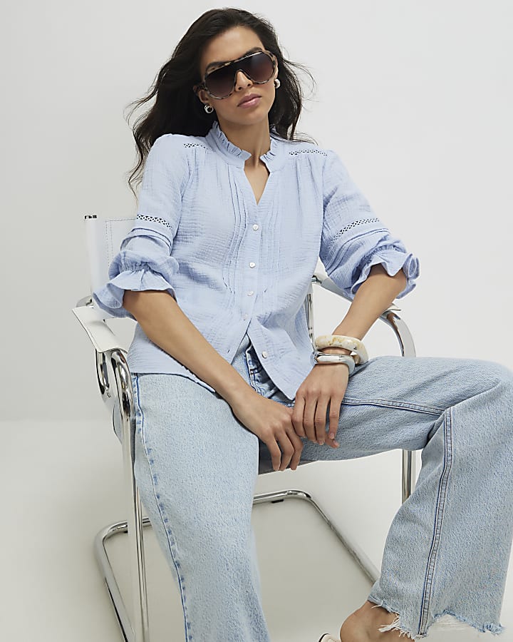 Blue Cotton Frill Sleeve Pintuck Blouse