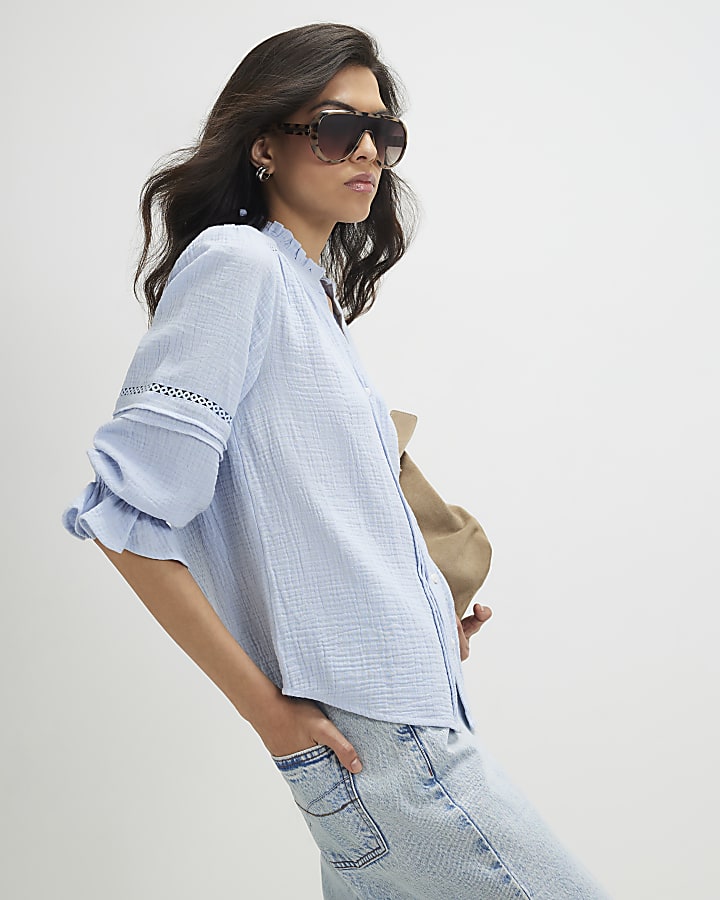 Blue Cotton Frill Sleeve Pintuck Blouse