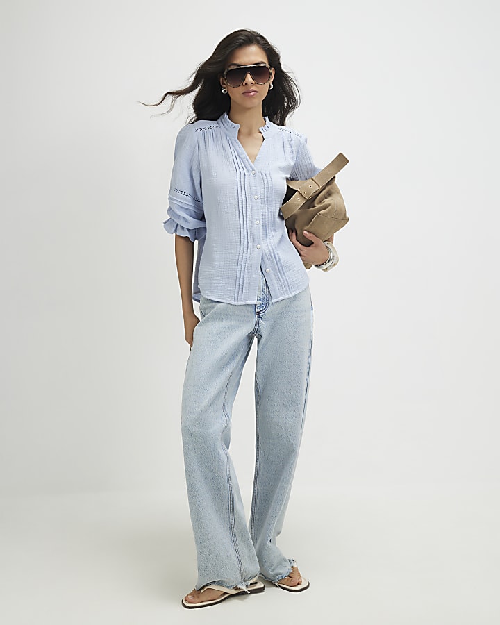 Blue Cotton Frill Sleeve Pintuck Blouse